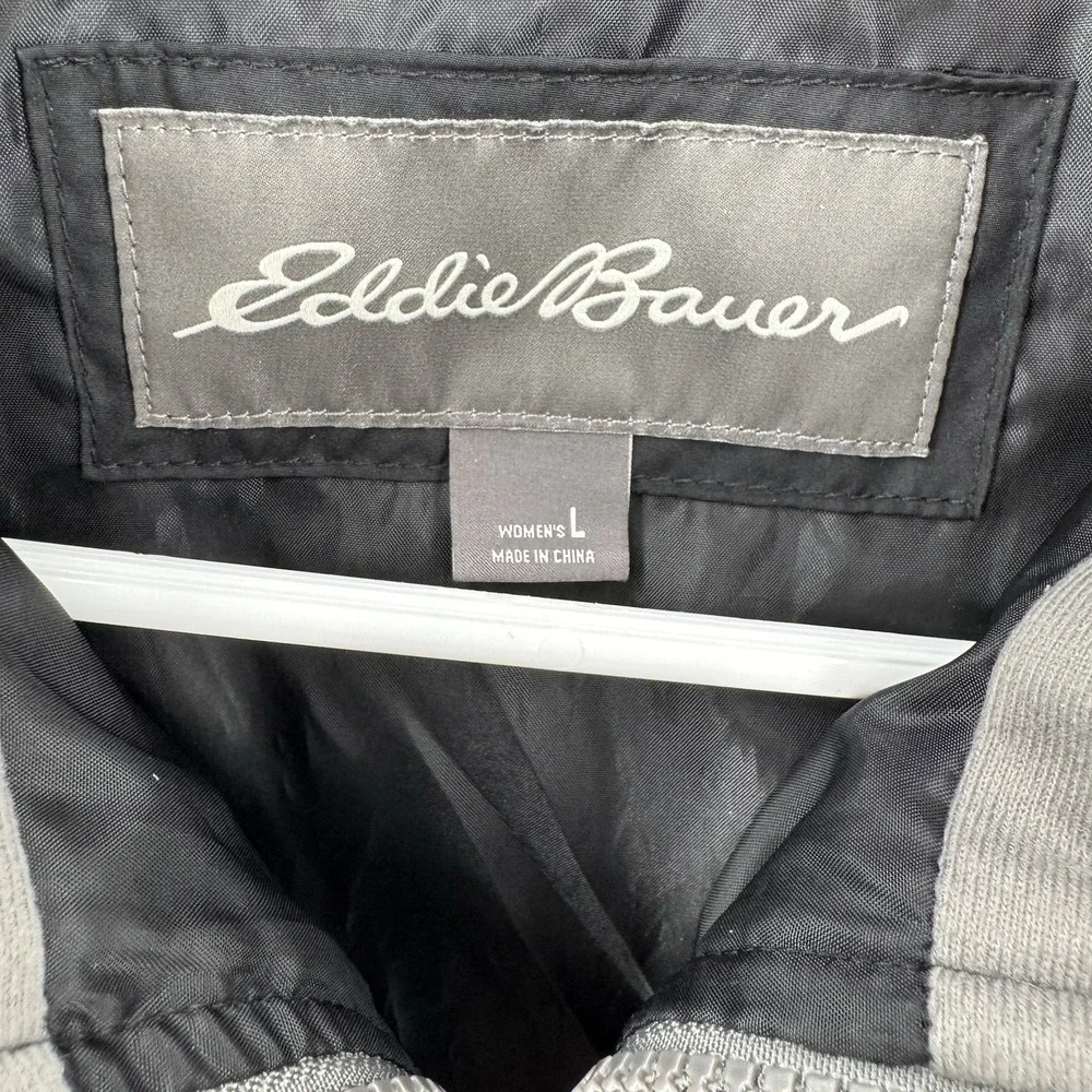 Eddie Bauer Puffer Jacket Womens‎ Large Quilted Full Zip Black Gray Lightweight